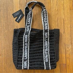 Karl Lagerfeld Antibes Straw Tote Beach Bag Logo Strap Black NWT